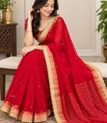 Red organza hand embroidery embroidered saree