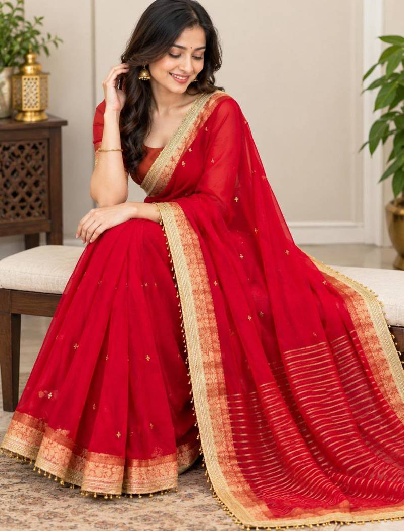 Red organza hand embroidery embroidered saree