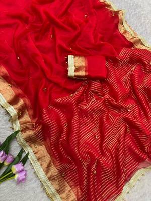 Red organza hand embroidery embroidered saree 2