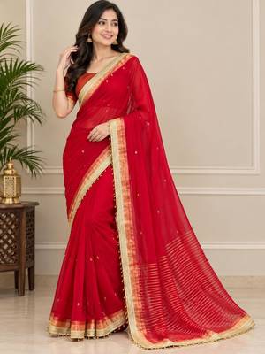 Red organza hand embroidery embroidered saree 3