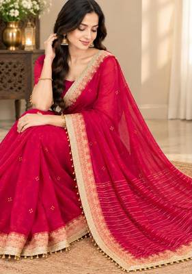 Magenta organza hand embroidery embroidered saree 1