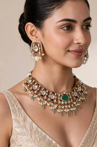 Sage green semi precious stone kundan choker set with ruby accents and pearl drops