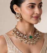 Sage green semi precious stone kundan choker set with ruby accents and pearl drops