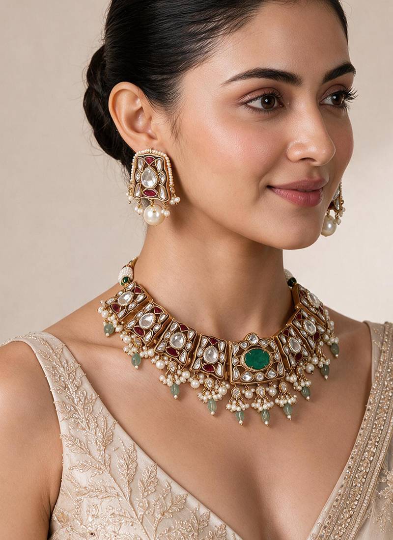 Sage green semi precious stone kundan choker set with ruby accents and pearl drops