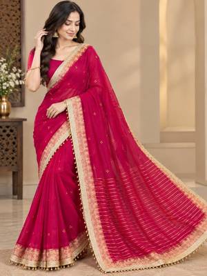 Magenta organza hand embroidery embroidered saree 2