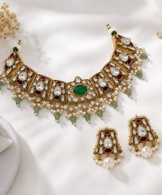 Sage green semi precious stone kundan choker set with ruby accents and pearl drops 2