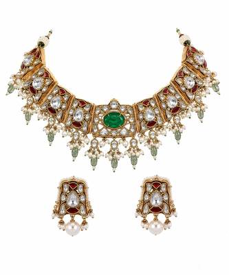 Sage green semi precious stone kundan choker set with ruby accents and pearl drops 3