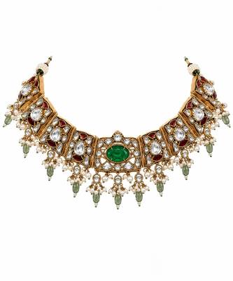 Sage green semi precious stone kundan choker set with ruby accents and pearl drops 4