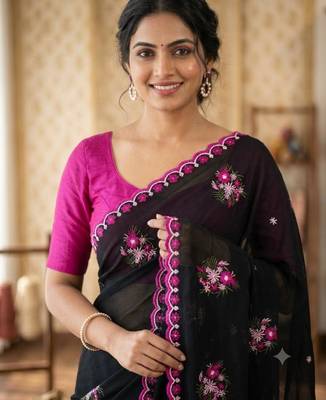 Black georgette thread work embroidered saree 1