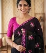 Black georgette thread work embroidered saree