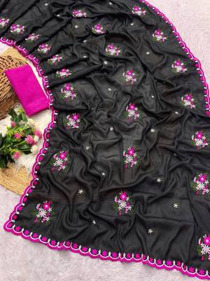 Black georgette thread work embroidered saree 2