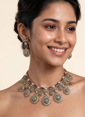 Sage green semi precious stone zircon necklace set 1