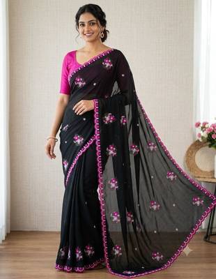 Black georgette thread work embroidered saree 3
