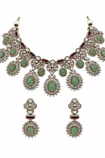 Sage green semi precious stone zircon necklace set