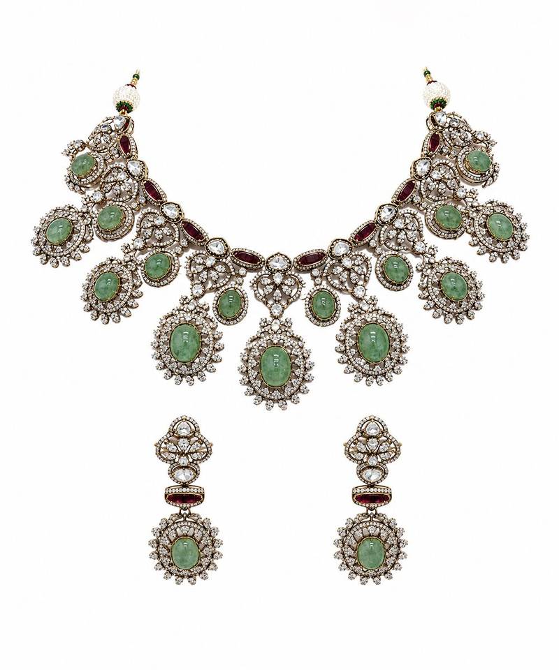 Sage green semi precious stone zircon necklace set