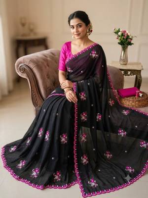 Black georgette thread work embroidered saree 4