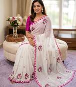Off-white georgette thread work embroidered saree