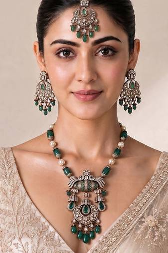 Emerald green semi precious stone kundan long necklace set with maang tikka