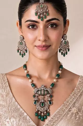 Emerald green semi precious stone kundan long necklace set with maang tikka