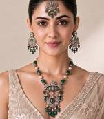 Emerald green semi precious stone kundan long necklace set with maang tikka