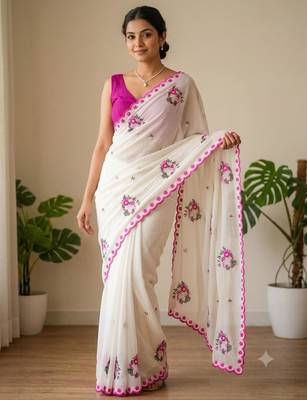 Off-white georgette thread work embroidered saree 2