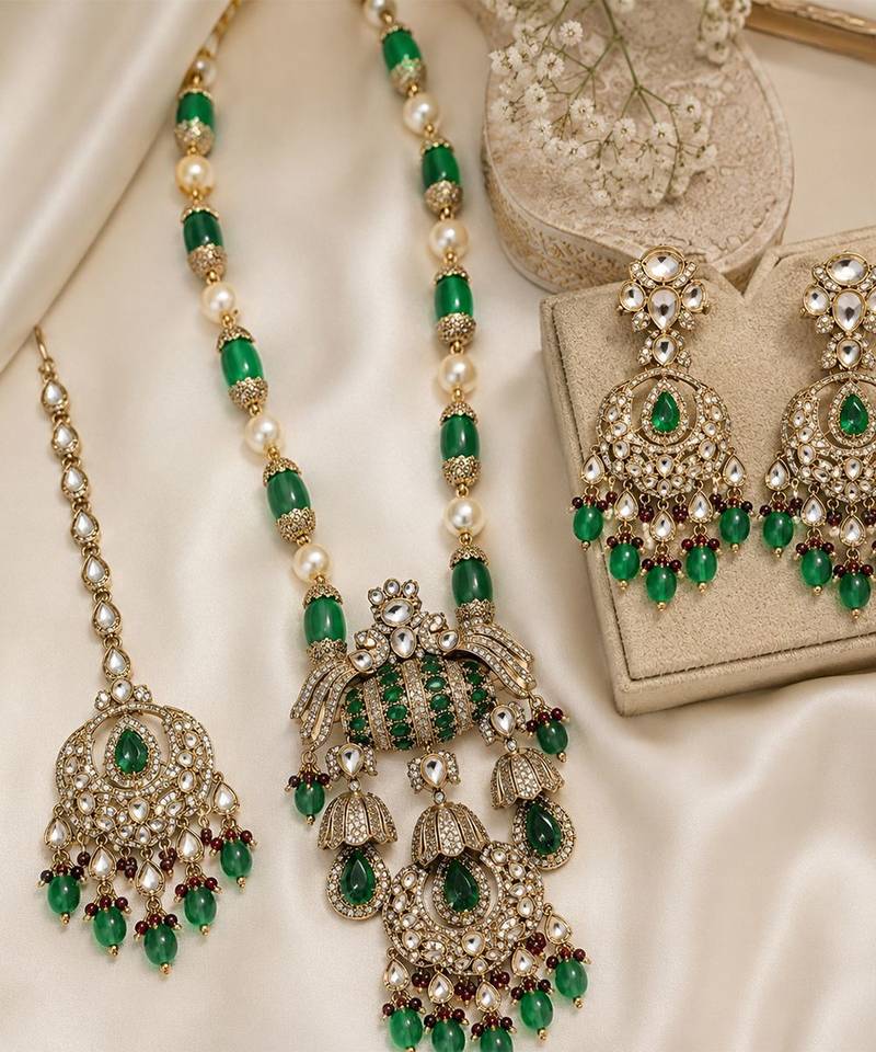 Emerald green semi precious stone kundan long necklace set with maang tikka