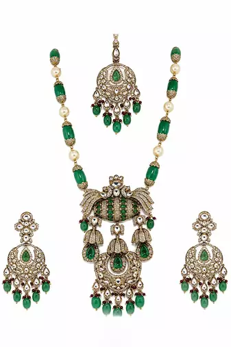 Emerald green semi precious stone kundan long necklace set with maang tikka