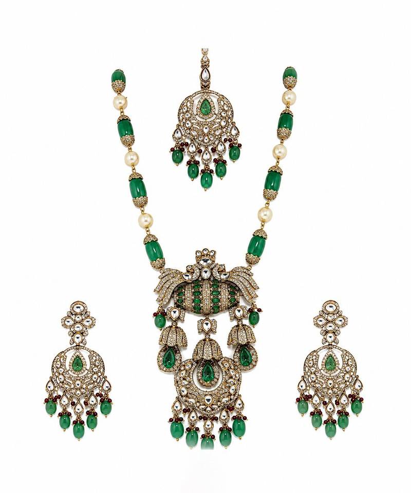 Emerald green semi precious stone kundan long necklace set with maang tikka