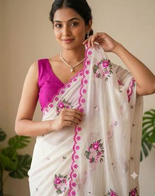 Off-white georgette thread work embroidered saree 3