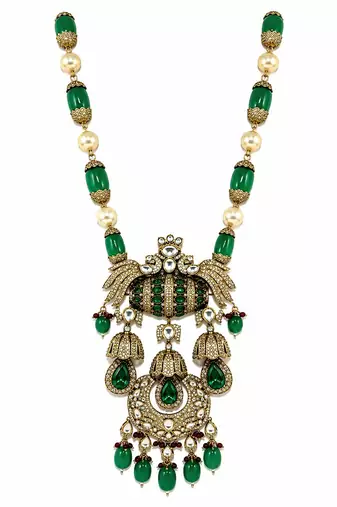 Emerald green semi precious stone kundan long necklace set with maang tikka