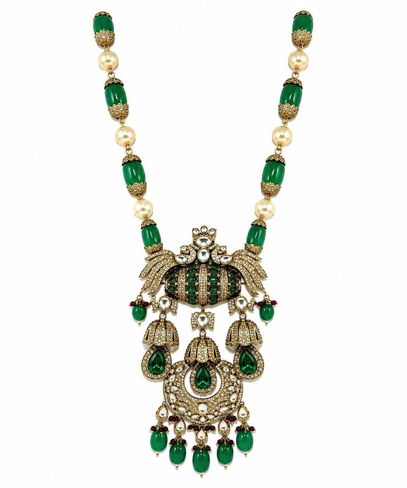Emerald green semi precious stone kundan long necklace set with maang tikka