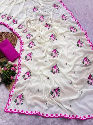 Off-white georgette thread work embroidered saree 4