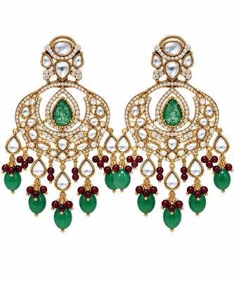 Emerald green semi precious stone kundan long necklace set with maang tikka 5