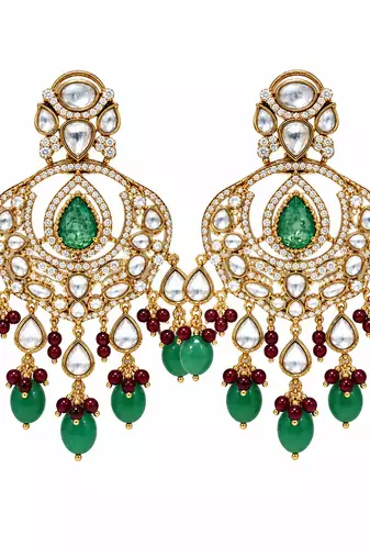 Emerald green semi precious stone kundan long necklace set with maang tikka