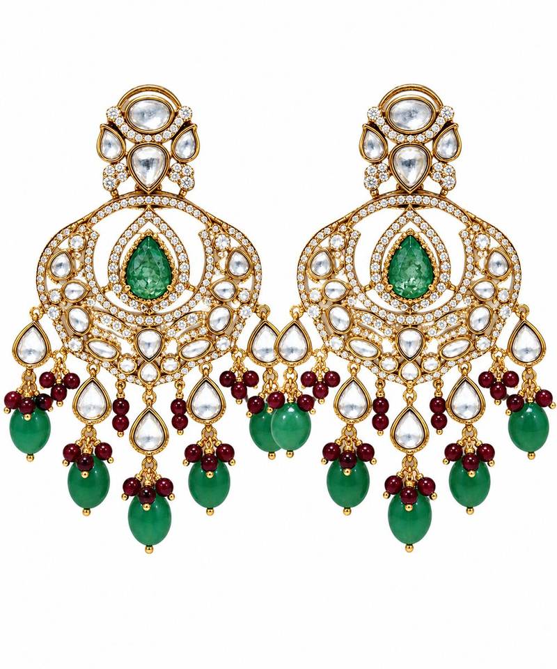 Emerald green semi precious stone kundan long necklace set with maang tikka