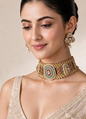 Multicolor handcrafted jadau kundan choker set with pearl accents 1