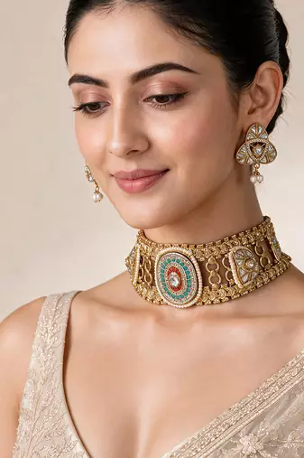 Multicolor handcrafted jadau kundan choker set with pearl accents