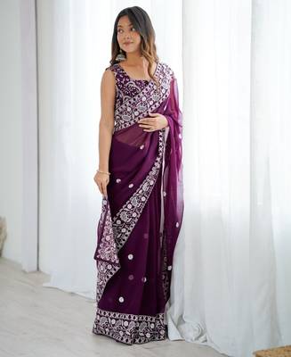 Wine georgette thread work embroidered saree 1