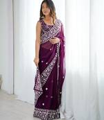 Wine georgette thread work embroidered saree