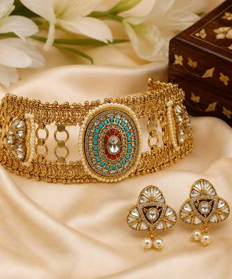 Multicolor handcrafted jadau kundan choker set with pearl accents 2