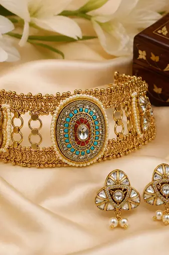 Multicolor handcrafted jadau kundan choker set with pearl accents