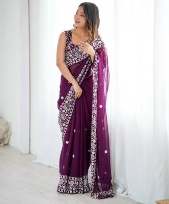 Wine georgette thread work embroidered saree 2