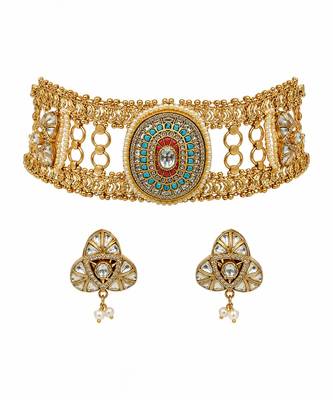 Multicolor handcrafted jadau kundan choker set with pearl accents 3