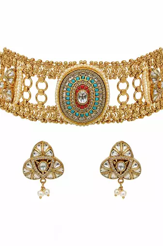 Multicolor handcrafted jadau kundan choker set with pearl accents