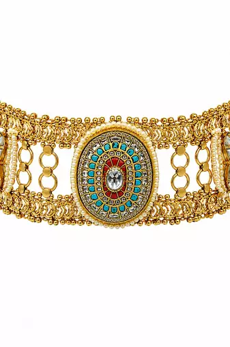 Multicolor handcrafted jadau kundan choker set with pearl accents