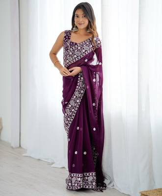 Wine georgette thread work embroidered saree 3