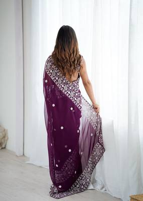 Wine georgette thread work embroidered saree 4