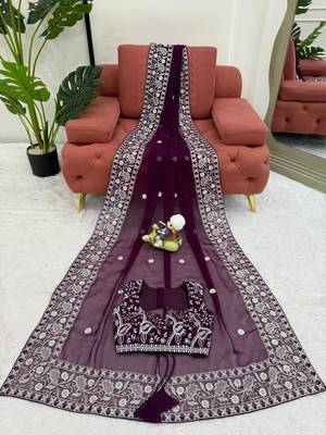 Wine georgette thread work embroidered saree 5