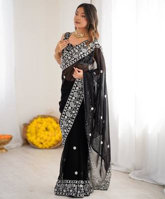 Black georgette thread work embroidered saree 1