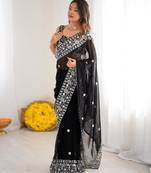 Black georgette thread work embroidered saree